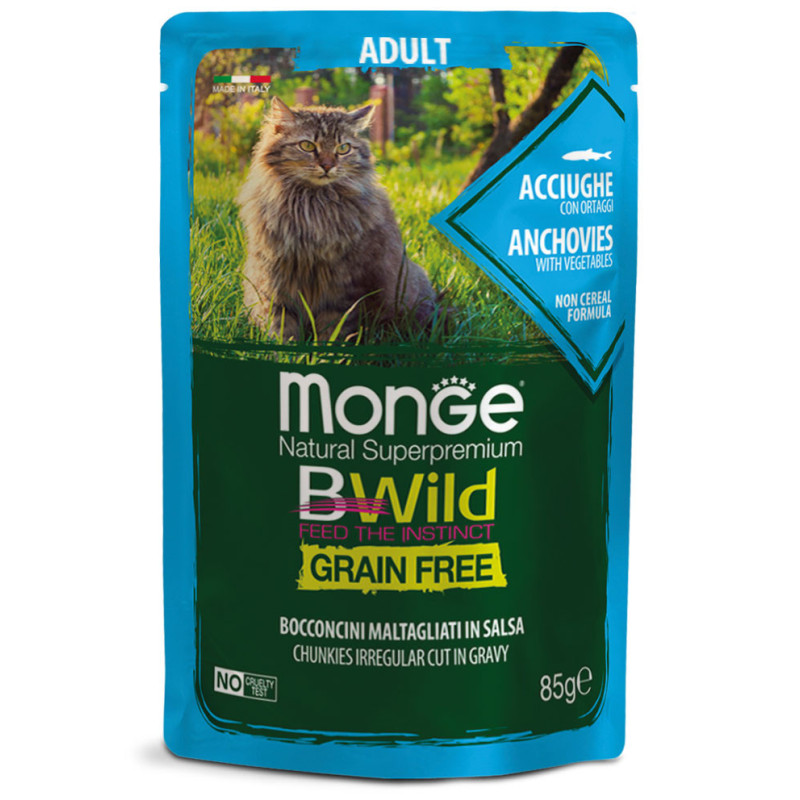 Monge BWild Adult konservtoit anšooviste ja köögiviljadega kassidele-Bosse.ee
