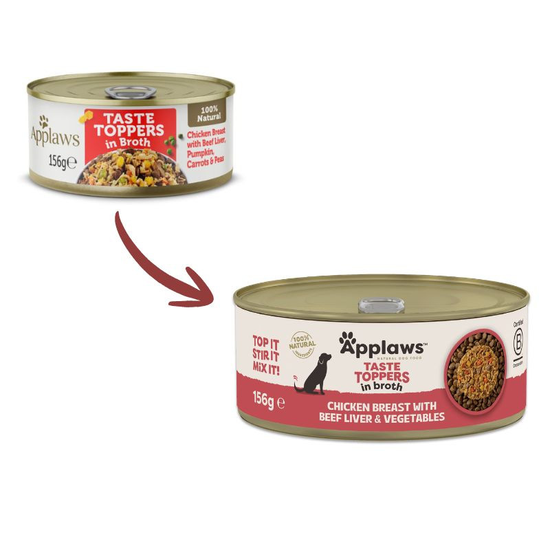 Applaws Taste Toppers in Broth kuivtoidu maitseaine kana-, veiseliha ja köögiviljadega koertele